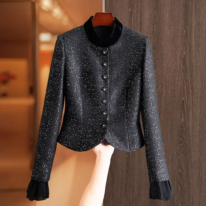 ブラックスパンコールのツイード風カーディガン【高級感・短丈・小柄向け】