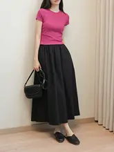 ラズベリー色の女性用コットンサークルスカート【フレア・中丈・夏用】