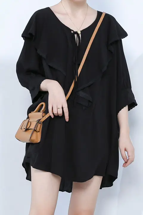 フィルダン リボン付きVネックプリンセススリーブ長袖トップス【大きいサイズ・ルーズフィット】