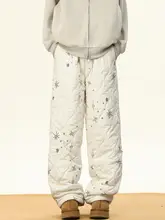 星柄ダイヤモンドチェックワイドレッグコットンパンツ【冬用・加圧と厚手・滑雪対応】