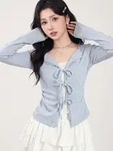 グレーのフェイク2ピースTシャツ【レース細身・リボン付き・長袖】
（セットアップ対応）