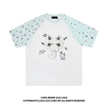 刺繍入り小猫星柄クルーネック半袖Tシャツ【ユニセックス・カジュアル・ゆったりタイプ】