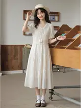レトロな港風 杏色Vネック中長丈ワンピース【ゆったり快適・カジュアルタイプ】（セットアップ対応）