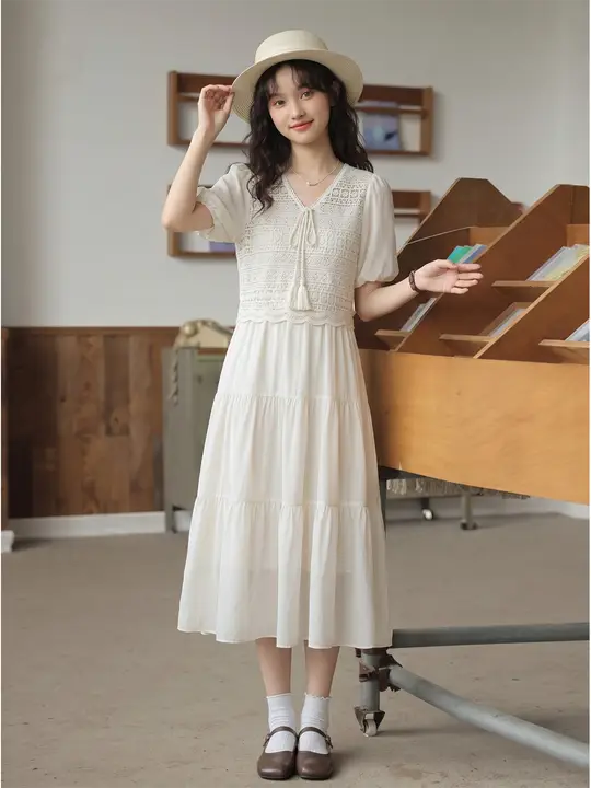 レトロな港風 杏色Vネック中長丈ワンピース【ゆったり快適・カジュアルタイプ】（セットアップ対応）