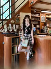 粉色チェック柄の女子制服風トップスとプリーツスカート【夏用・学院スタイル】（セットアップ対応）