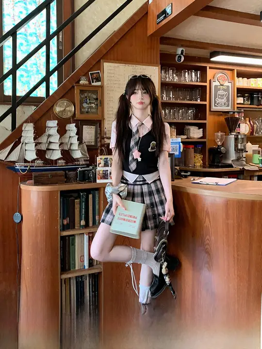 粉色チェック柄の女子制服風トップスとプリーツスカート【夏用・学院スタイル】（セットアップ対応）