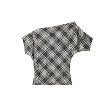 半袖Tシャツ レディース チェック柄 カラーブロック 斜め襟 ギャザー タイト ウエストシェイプ クロップド アメカジ ヴィンテージ 甘辛MIX トップス