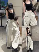 夏用 吸汗速乾 スポーツパンツ【薄手・横ストライプ・ハイウエスト・ワイドレッグ】