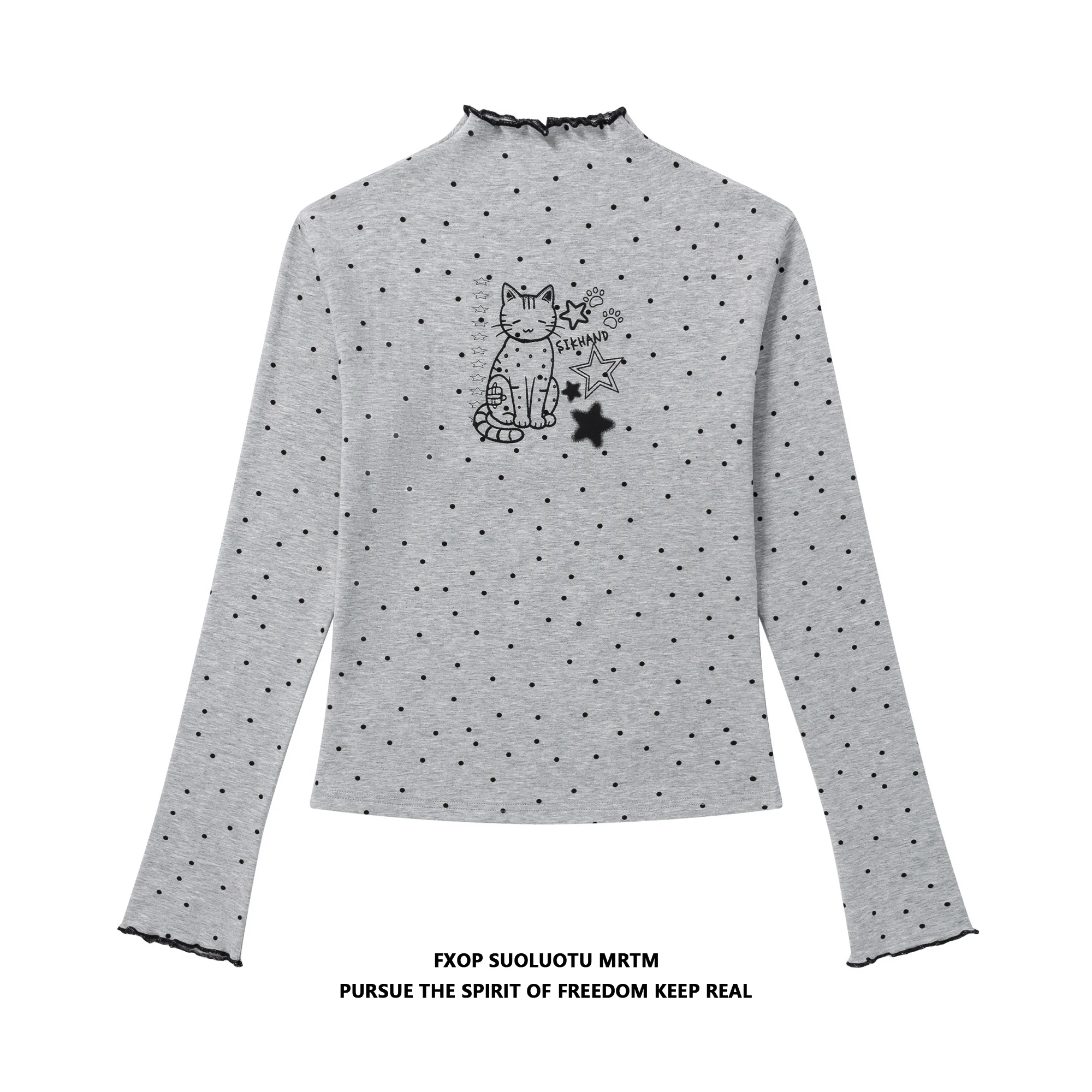 猫柄ドットデザインのハイネック長袖Tシャツ【フリル付き・女性用・短丈】