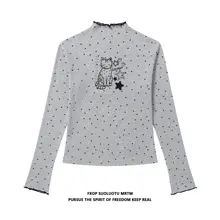 猫柄ドットデザインのハイネック長袖Tシャツ【フリル付き・女性用・短丈】