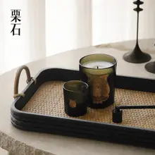 ウッド製ヴィンテージスタイル角型トレイ【茶室・藤編み・高級感】
