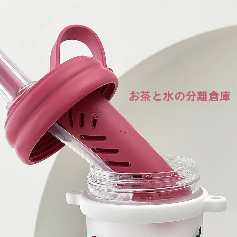 ストロー付き水筒 夏用さくらんぼデザイン トライタン製 900ml 大容量で高温耐性