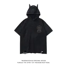 ストリートスタイル フード付き 半袖Tシャツ【ゆったりシルエット・カジュアル用・洗い加工】