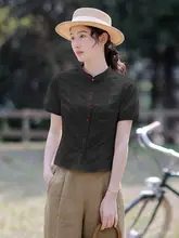 新中式刺繍デザインの黒い女性用半袖シャツ【夏用・シルエットを引き立てる】