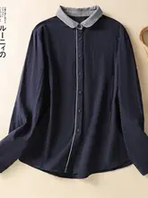 コットンリネン配色のドールカラーシャツ【春用・女性・スリーブ長め・ルーズフィット・文芸風】