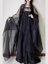 ブラック漢服 女性用 刺繍入り大袖シャツとスカートのセット【春夏用・ふんわりした印象】（セットアップ対応）