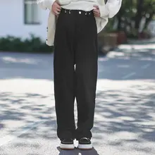 デニムパンツ レディース ストレート ブラック ハイウエスト ウエスト調整可 着痩せ 落ち感 フロア丈 低身長