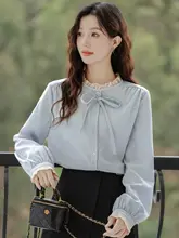 木耳飾り付きリボン長袖シャツ【ゆったりとしたシルエット・アカデミックスタイル】