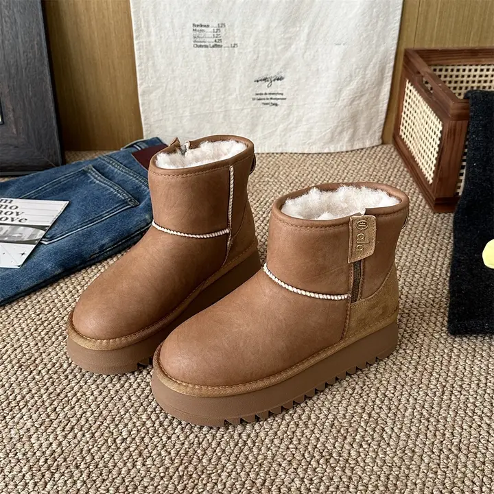 ヴィンテージスタイルの裏起毛防寒ショートブーツ【厚底・レディース用・カジュアル】