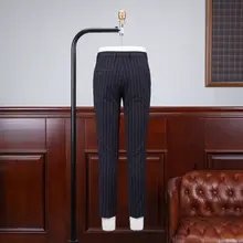 深藍色ストライプのスリムフィットパンツ【英国風・ロールアップデザイン】（セットアップ対応）