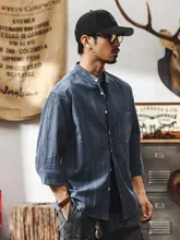 夏用の薄手コットンリネン七分袖シャツ【国風デザイン・ひらひらした立て襟・ゆったりフィット】