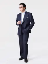 ストライプ柄ウールスーツ【男性用・ビジネス・ポケット付き・テーラードカラー】（セットアップ対応）