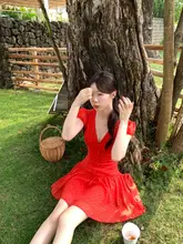 赤の薄手ワンピース【ウエスト細見え・ドット柄・夏用】（セットアップ対応）