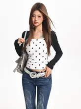 デザイン性のあるドット柄Tシャツ【春秋用・カシュクール風・カラーコントラスト・スリムフィット長袖】（セットアップ対応）