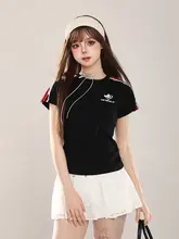 ストライプレースパネルの短袖Tシャツ【女性用・フィット感・ウエストシェイプ】