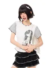 半袖Tシャツ レディース サブカル Y2K キャラクター柄 水玉 パッチワーク フリル 短丈 トップス 夏