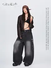 ブラックグレーのゆったりしたヒップホップデニムパンツ【ビンテージ風・カジュアル・スリム効果】（セットアップ対応）