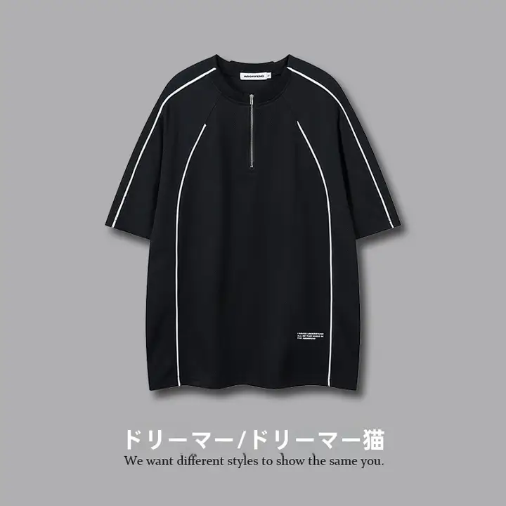 ドリーマーキャットデザイン 半ラウンドジッパーカジュアルTシャツ【ユニセックス・アメリカンヴィンテージ】