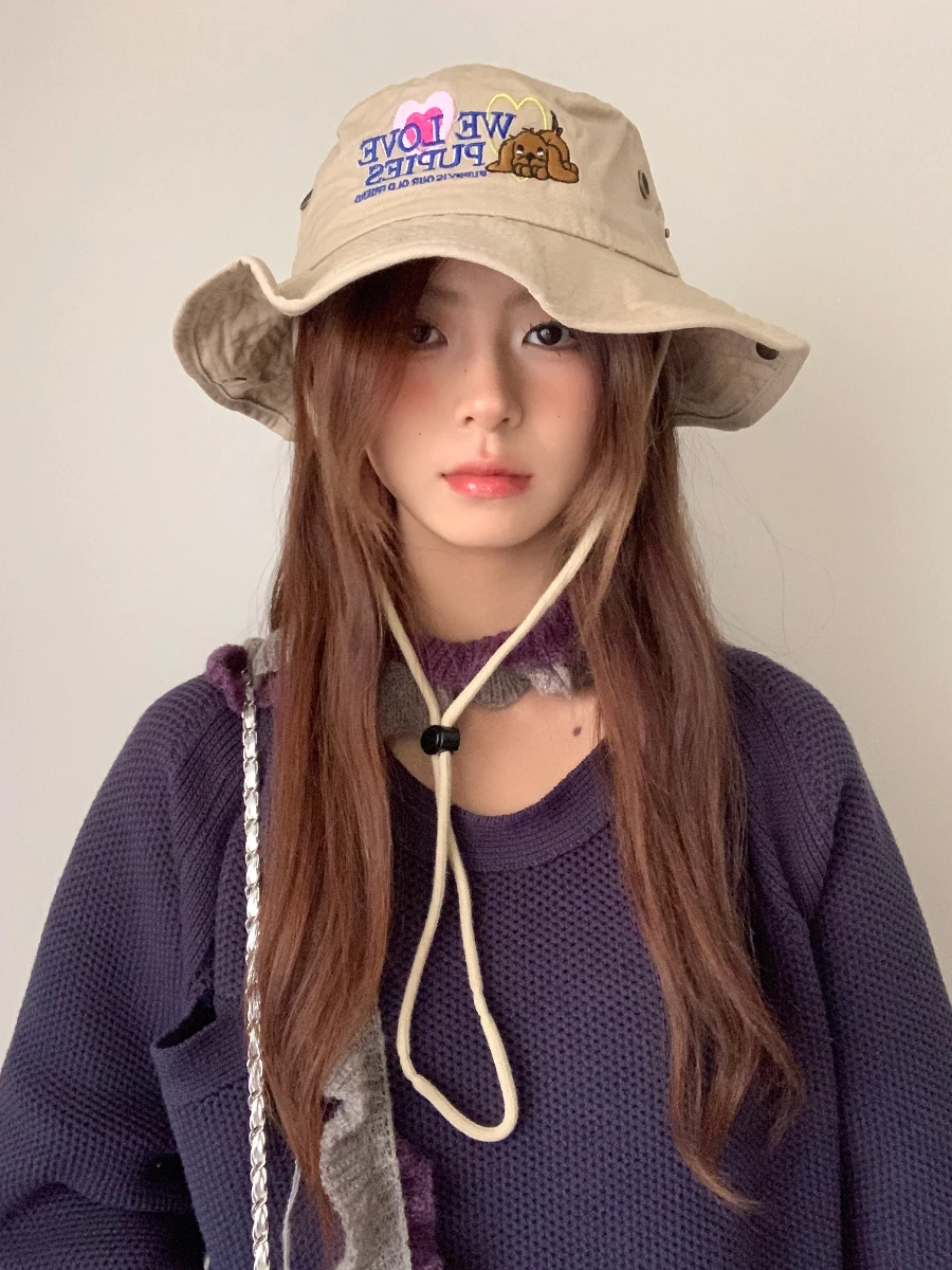かわいい犬デザインのアウトドアサンハット：キャンプや旅行で使える女性向けの広いつば渔夫帽