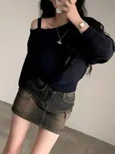 デザイン性のある片肩露出ニットセーター【バットウィングスリーブ・ウエストフィット・ショート丈】