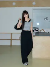 2点セット レディース 大きいサイズ ぽっちゃり トップス スラックス 着痩せ おしゃれ ギャル風 きれいめ ブラック