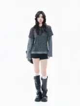 トップス レディース 長袖Tシャツ フェイクレイヤード ストライプ 水玉 パッチワーク ヴィンテージ Y2K