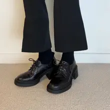牛革製 英倫風レトロ厚底ハイヒールローファー【丸トゥ・紐付き・女性用】