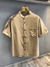 立襟デザインのレトロな竹節模様天絲麻短袖シャツ【夏用・スタイル】