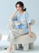 可愛いペンギンデザインのレディース夏用短袖パジャマ【純綿・胸パッド付き】