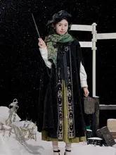 国風スタイルの黒緑色刺繍ウールケープ【魔法少女デザイン・秋冬用】