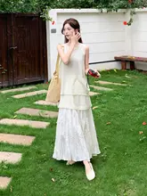 ノースリーブニットの切り替えタンクトップ＆プリーツスカート【夏用・柔らかい雰囲気・女性用】（セットアップ対応）