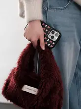 ミニハンドバッグ レディース キャンバ  ス ファー ワインレッド 手提げ モコモコ 可愛い お散歩 ランチバッグ ギフト プレゼント
