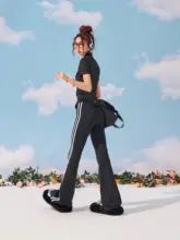 フレアパンツ レディース ストライプ V字ウエスト スリム 着痩せ スポーツカジュアル ヨガ「STYLMW」