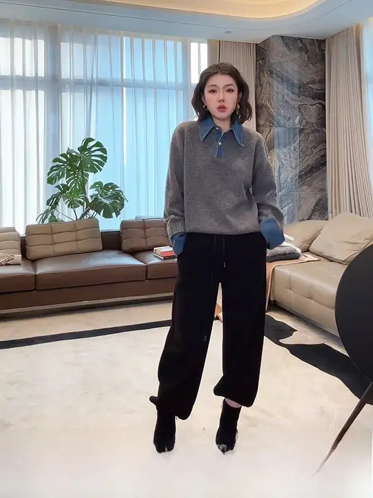 厚手フリース素材のブラックジョガーパンツ【リブ付き・春秋用・カジュアル】