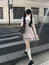 かわいい小熊猫プリントの水手服トップスとプリーツスカート【紫・収腰デザイン・フレンチスタイル】（セットアップ対応）