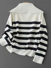 フレンチストライプの純羊毛Vネック長袖ニットセーター【翻領・秋用】（セットアップ対応）