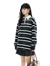 冬季ヴィンテージ風ポロカラーストライプルーズフィット女性用スウェット