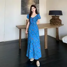 優雅なフリル付きブルーのロングドレス【夏用・花柄・フレンチスタイル】