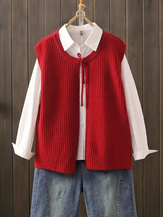 春秋用 大きいサイズのニットベスト【薄手でゆったり・アウターとして重ね着可能・ノースリーブ】