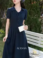 フレンチスタイルの夏用 藍色短袖ワンピース【上品な通勤用】